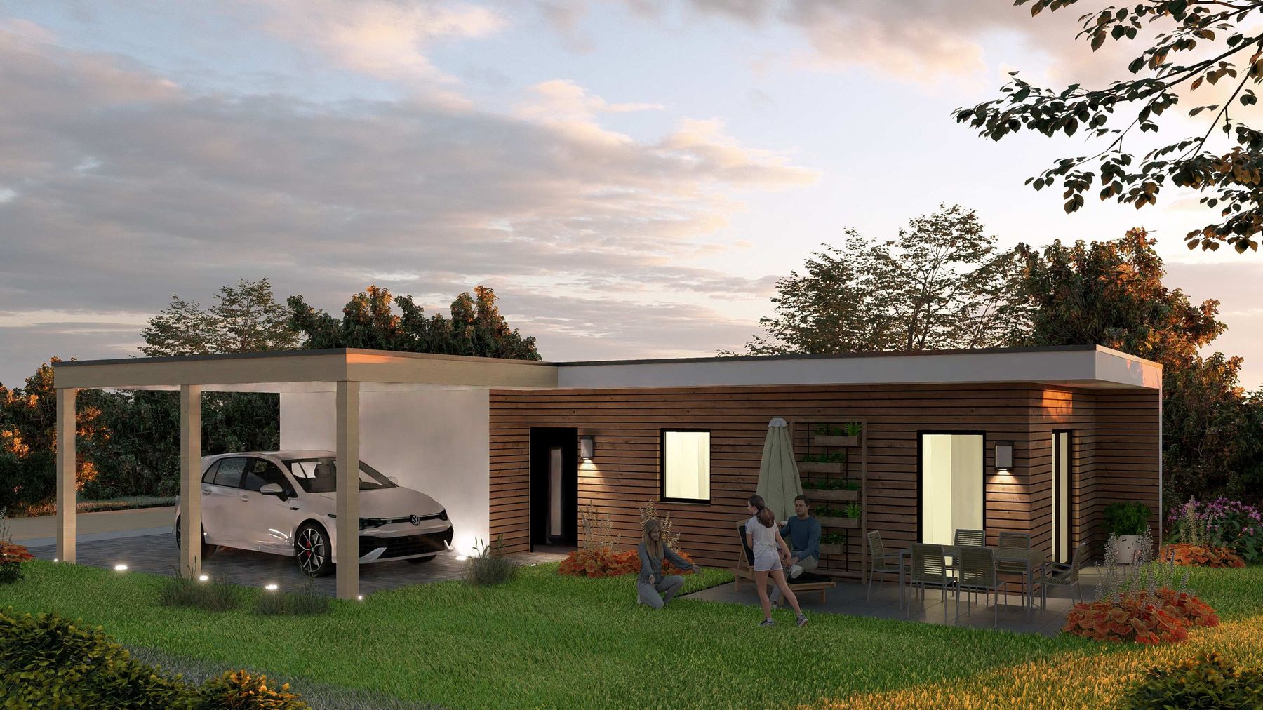 Bungalow mit Holzfassade, Holzcarport und Terrasse