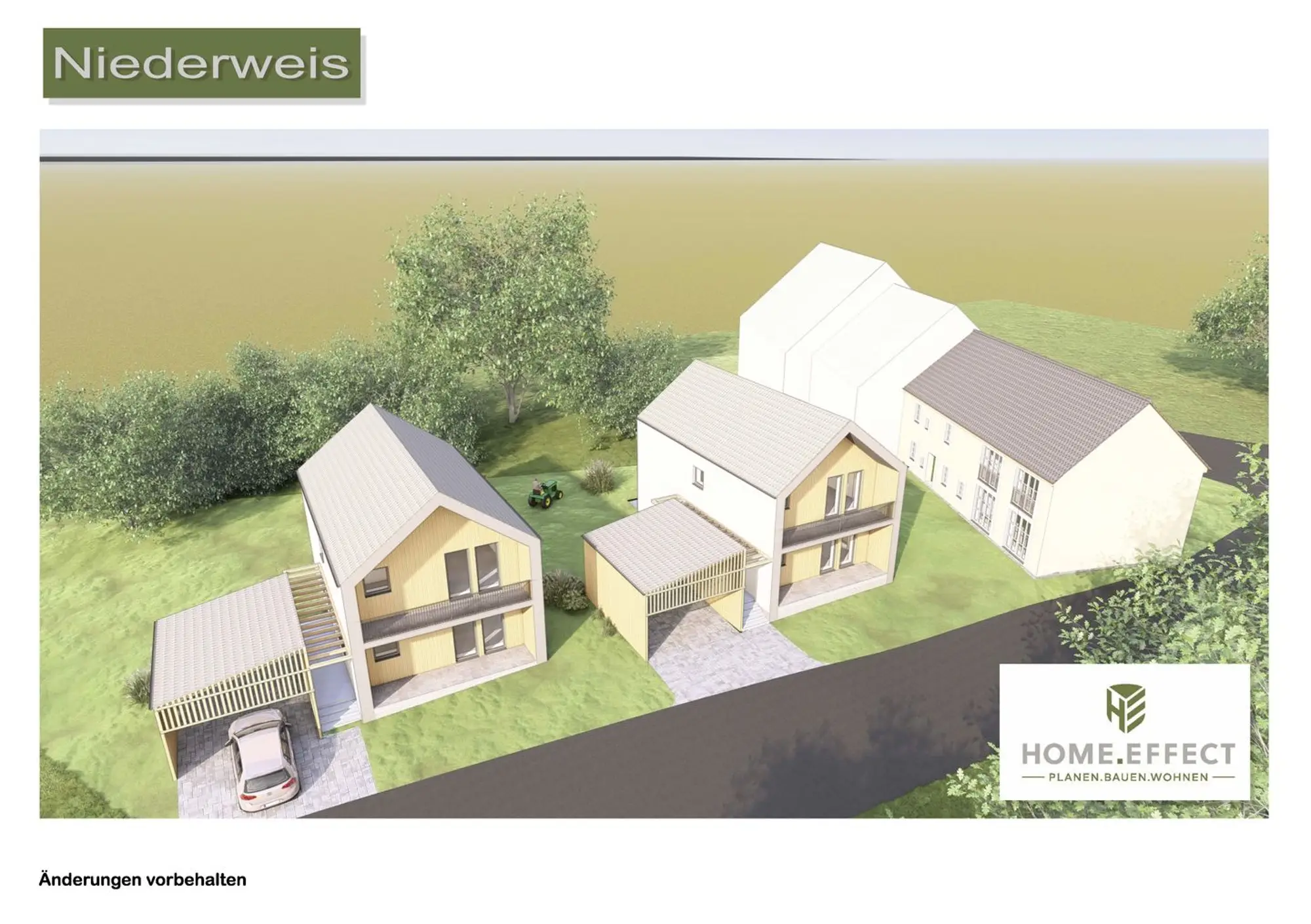 Visualisierung der Einfamilienhäuser in Niederweis mit Holzfassade, Balkon und Carport