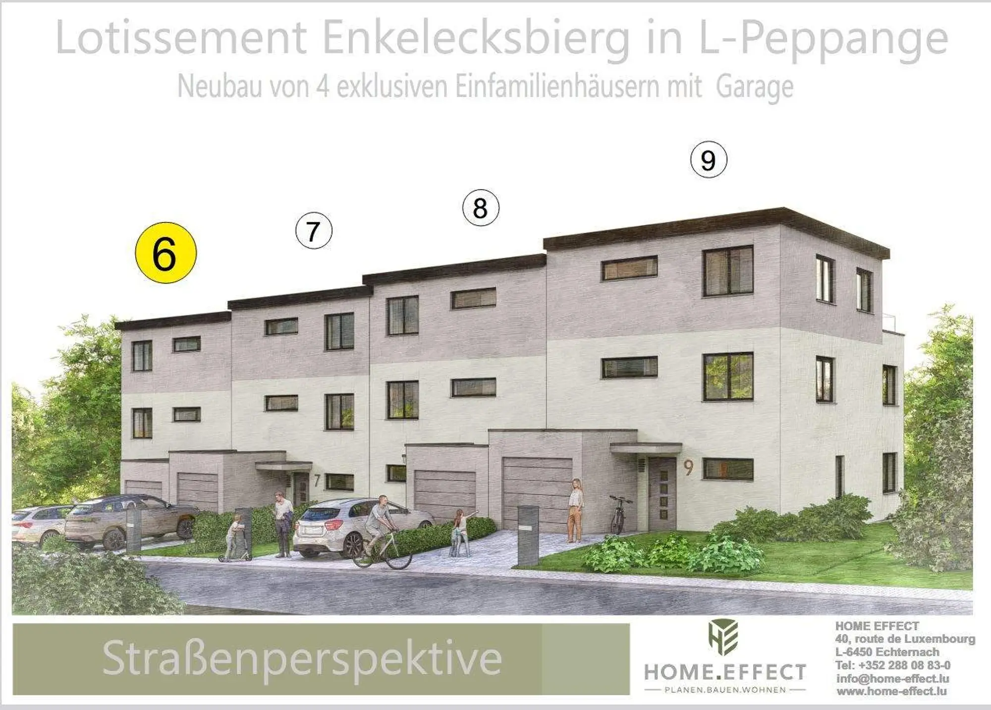 Straßenperspektive der vier Neubau-Einfamilienhäuser mit Garage im Lotissement Enkelecksbierg in Peppange