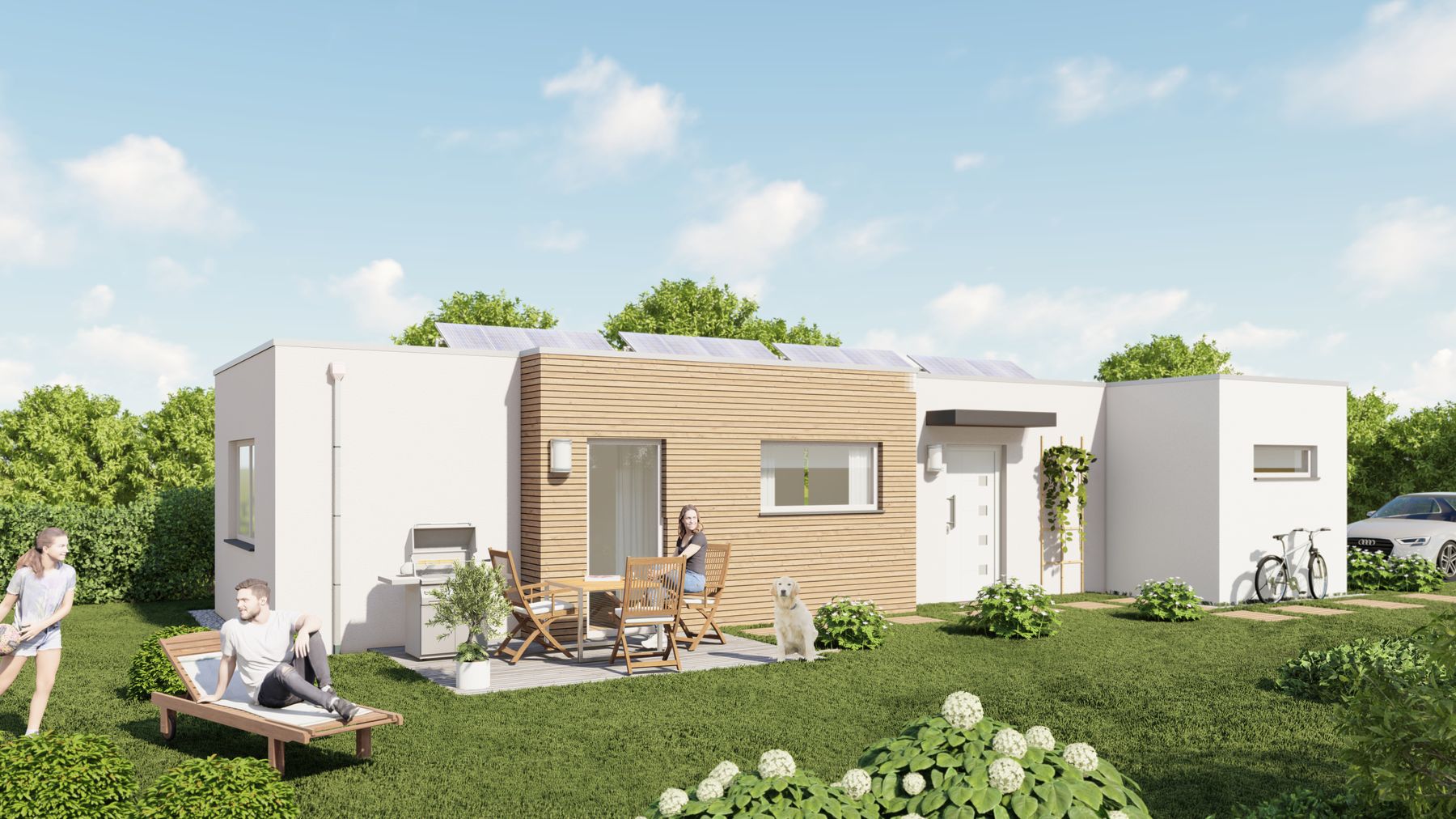 Visualisierung des Bungalows Vision 57 mit Holzakzent, Terrasse und Flachdach