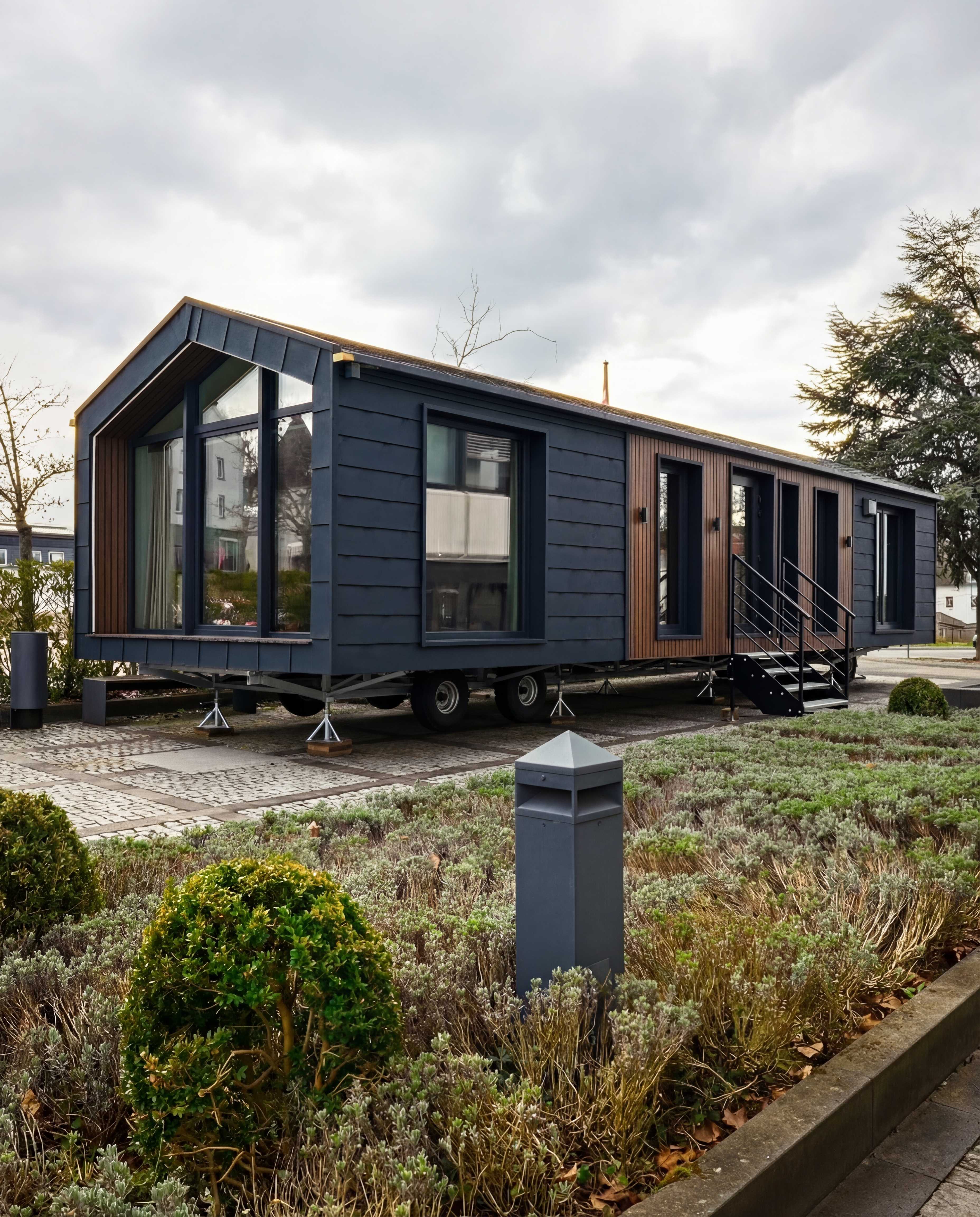 Modernes Mobile Home mit Holz- und Anthrazitfassade von außen